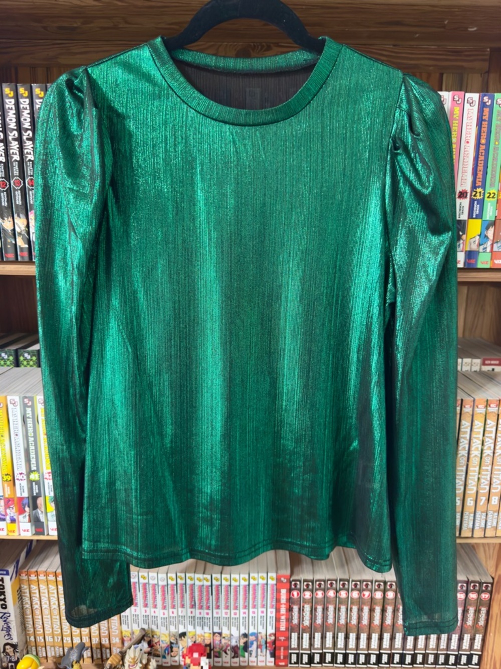 SHEIN Green Metallic Puff Shoulder Long Sleeve Top - Picture 4 of 8